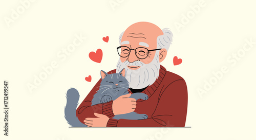 An old man happily holding his beloved cat with hearts floating around.