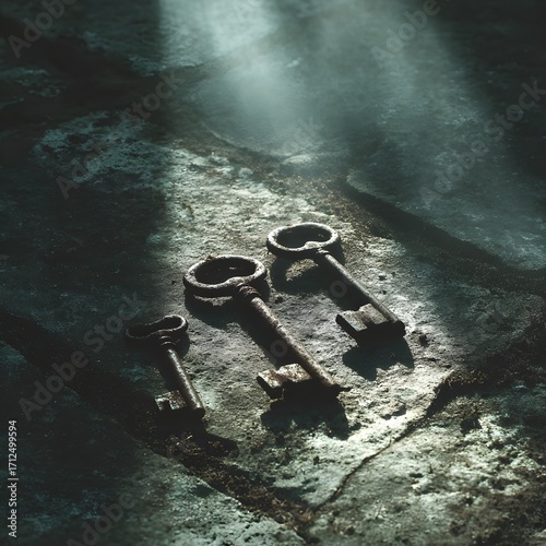 Three antique iron keys arranged on aged stone slab in a misty graveyard, eerie moonlit atmosphere with light fog and shadow play --s 250