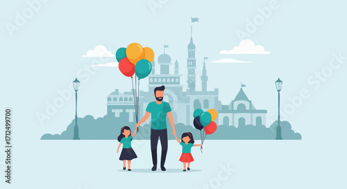 Father and daughters enjoying a fun day at an amusement park with balloons.