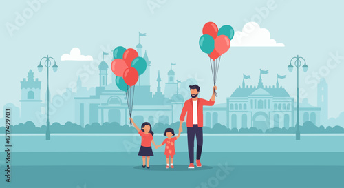 Father and two daughters holding balloons in a city park celebrating a special occasion.