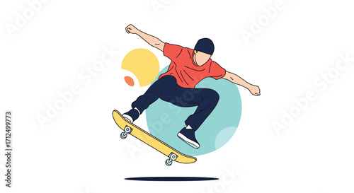 A person performs a skateboard trick in mid-air. 