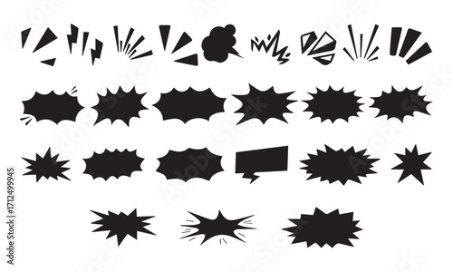Comic burst explosion vector, comic boom elements, and speech bubbles in black silhouettes. Ideal for comic designs, pop art, and retro style. vector illustration eps.