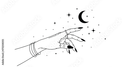 A celestial hand reaching for the moon amongst the stars.