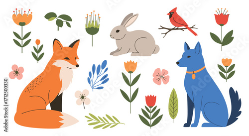 A charming collection of woodland creatures and flora elements.