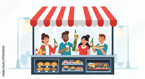 Friends enjoying drinks and food at a vibrant street food stall.