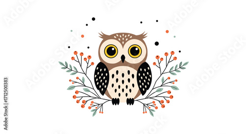 A charming little owl perched amongst berry branches.