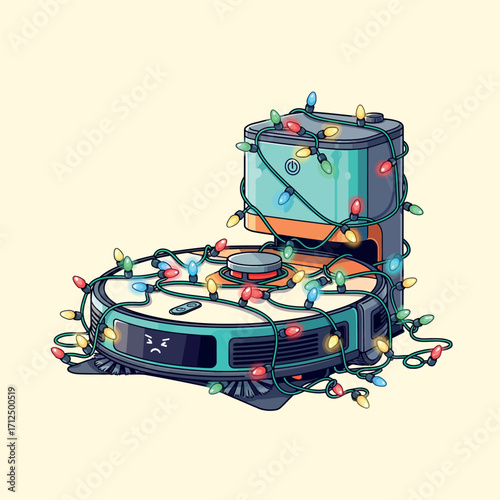 Robot vacuum cleaner tangled up in Christmas lights vector 