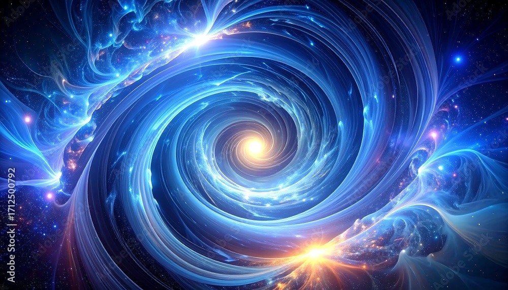 Fototapeta premium A vibrant, swirling vortex of energy with ethereal blue and gold hues, punctuated by bright points of light in a cosmic design