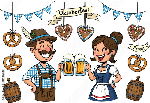 Cartoon Bavarian couple celebrating Oktoberfest with beer mugs, traditional German costumes, pretzels, bunting flags, festive cheerful scene, cultural celebration