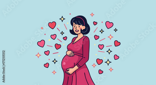 Happy Pregnant Woman with Hearts and Stars.