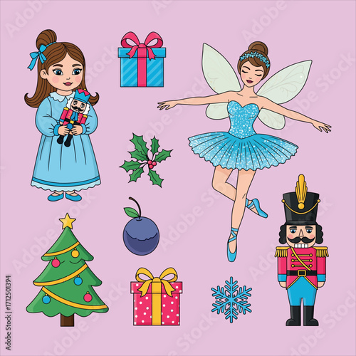 Nutcracker Ballet themed character and element vector set (Clara, Sugar Plum Fairy)