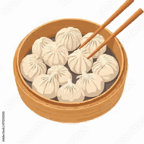 Flat 2D illustration of Chinese dumplings, several steamed dumplings in a round bamboo steamer basket with chopsticks