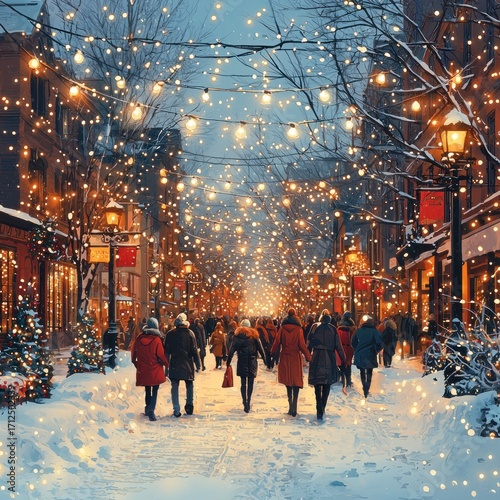 People Walking on Festive Snowy Street with Holiday Lighting