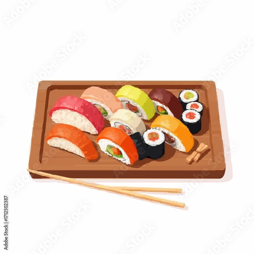 Flat 2D illustration of Japanese sushi, several colorful sushi pieces and maki rolls arranged on a wooden tray with chopsticks