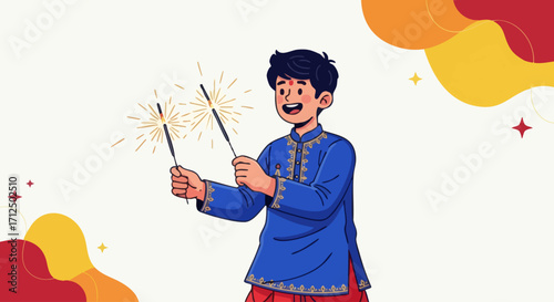 Joyful Boy Celebrating Diwali with Sparklers.