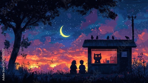 Children Watching Cat in Cabin Under Starry Night with Crescent Moon