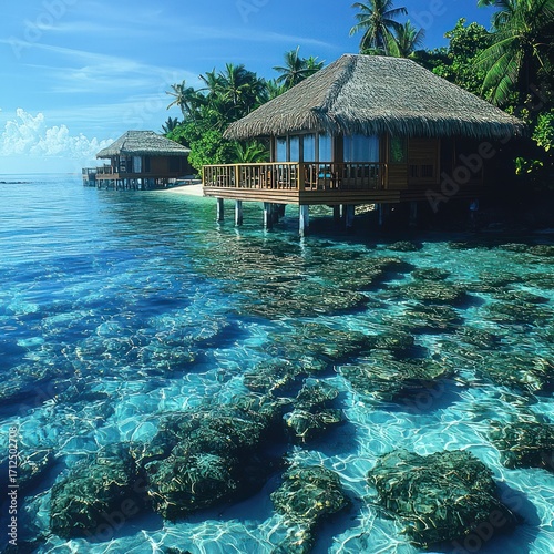 Tropical Overwater Bungalow with Clear Turquoise Water and Coral Reef View