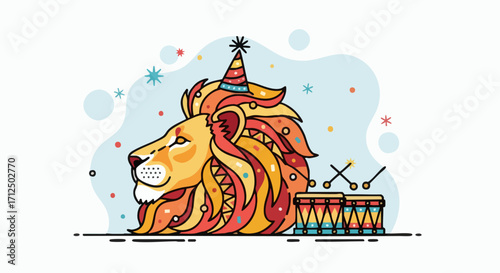 Lion Head with Party Hat and Drums.