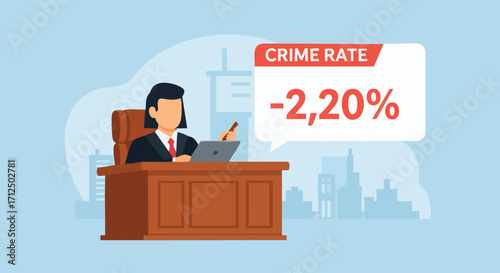 Judge or lawyer presenting crime rate statistics in a courtroom setting.