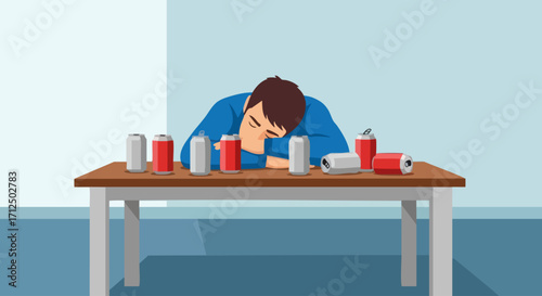 Man asleep on a table surrounded by empty drink cans depicting exhaustion or overconsumption.
