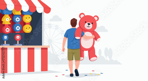 Man carrying a large teddy bear prize from a carnival game booth.