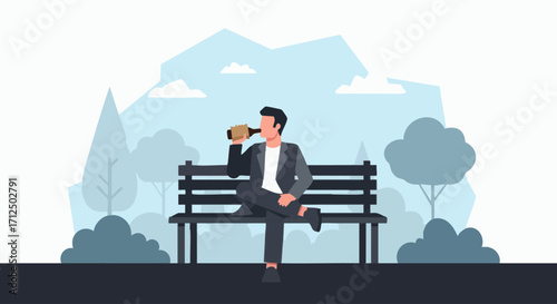 Man Drinking Alcohol from Bottle on Park Bench.