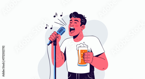 Man enjoying karaoke with a beer singing into a microphone with musical notes floating around him.