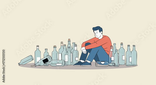 Man sitting among empty alcohol bottles depicting alcoholism and addiction.