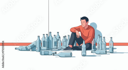 Man sitting on the floor surrounded by empty bottles depicting alcohol addiction and loneliness.