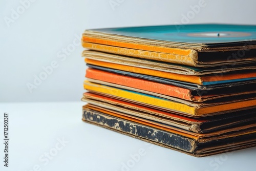 A stack of aged vinyl records with colorful covers stands against a plain background, suggesting nostalgia and a love for vintage music.