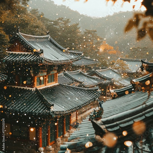 Traditional Korean Architecture with Sparkling Lights in a Forest Setting