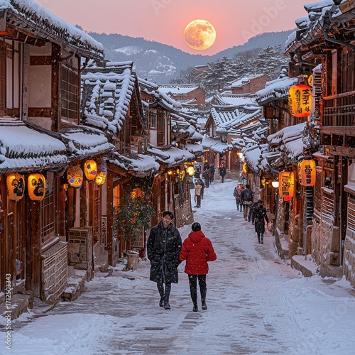 Walking Through Snowy Traditional Village with Moon Above and Lanterns