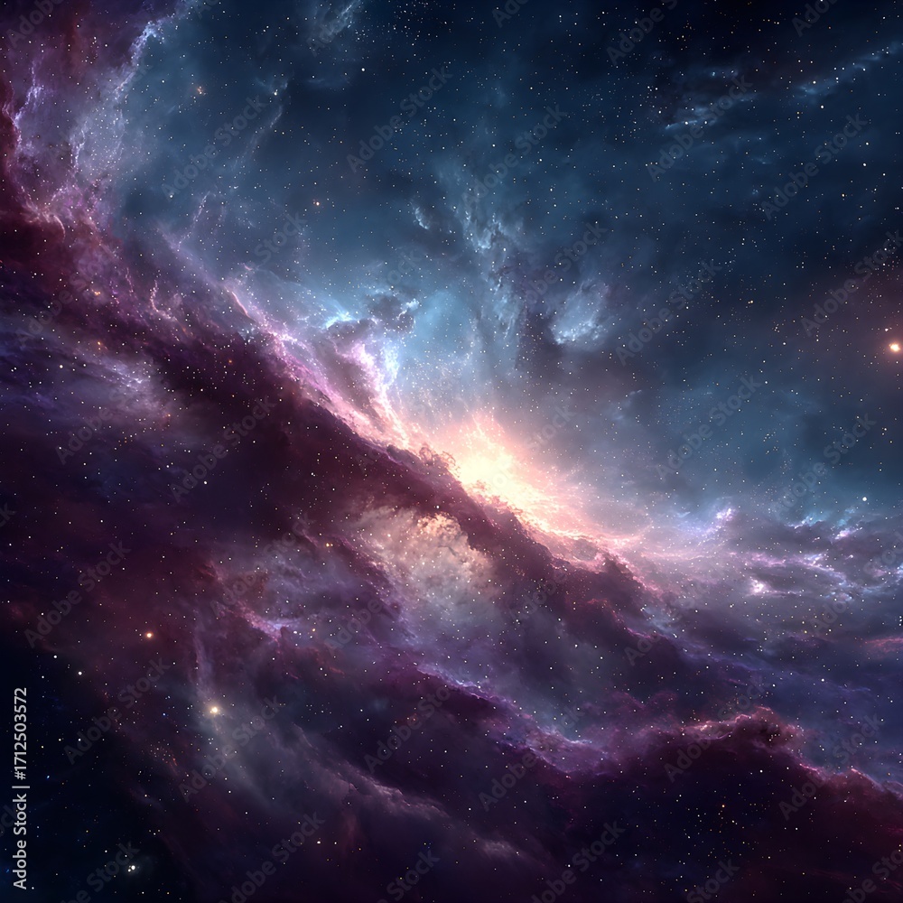 Fototapeta premium Vast cosmic nebula glowing in vibrant purples and blues, filled with twinkling stars in deep space, high-detail starfield and soft radiant dust --s 250