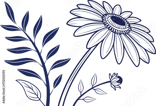 Navy Blue Floral Line Art Illustration