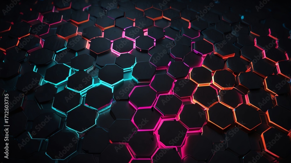 Obraz premium Abstract digital honeycomb pattern with neon glow.