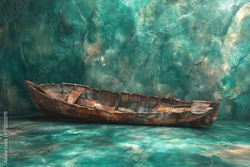 An old, weathered, wooden boat rests on a turquoise, marble-like surface, with a textured green wall in the background.