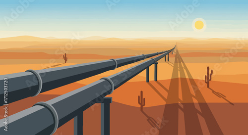 Oil and Gas Pipeline Stretching Across Arid Desert Landscape at Sunset.