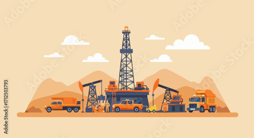 Oil drilling rig and pump jacks in a desert landscape with trucks and equipment.