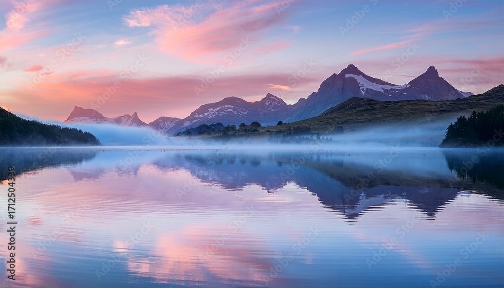 Fototapeta premium a calming image of a misty mountain range reflected in a still lake under a pink and blue sky