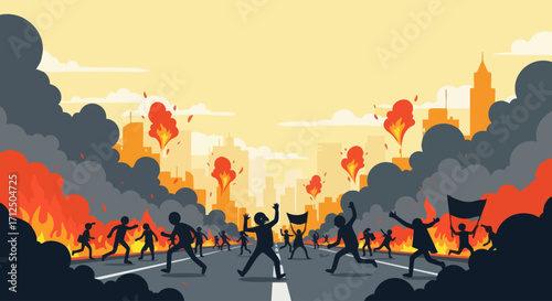 People running from a city on fire with smoke and flames filling the sky.