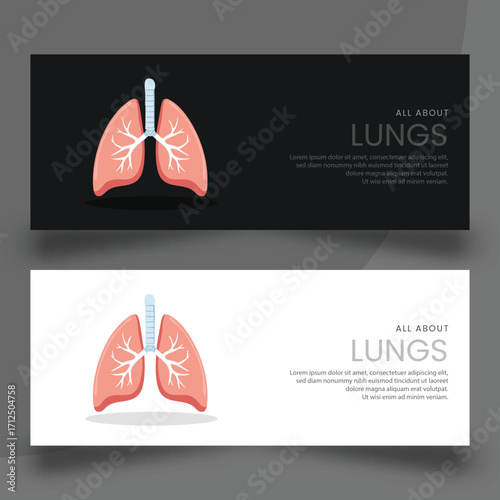 A set of clean and simple educational banners featuring an anatomical illustration of the human lungs. Modern flat design for medical presentations, websites or health articles.