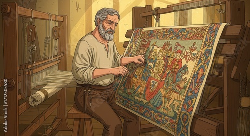 A skilled artisan meticulously works on a vibrant tapestry, showcasing intricate historical scenes on a wooden loom in a warm, historical setting.
