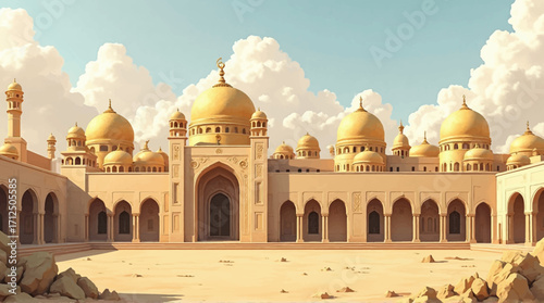 Ornate golden domed mosque with arched doorways and courtyard under a bright, cloudy sky.