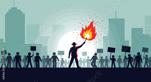Protestor holding a flaming torch leading a crowd in a city.