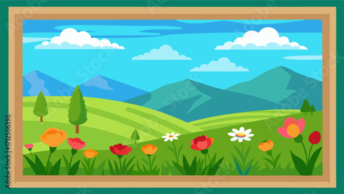 A pictureperfect scene of a meadow in bloom framed by a clear blue sky and rolling hills.