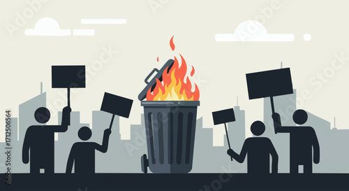 Protestors with signs gather around a burning trash can in a city setting.