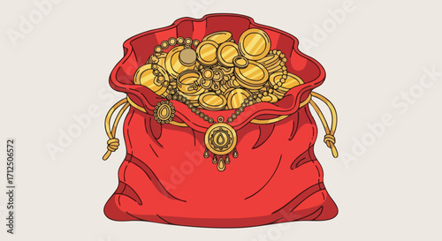 Red Bag Full of Gold Coins and Jewelry.