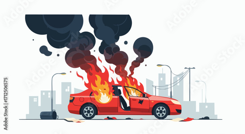Red Car Engulfed in Flames with Thick Black Smoke Rising into the Sky.