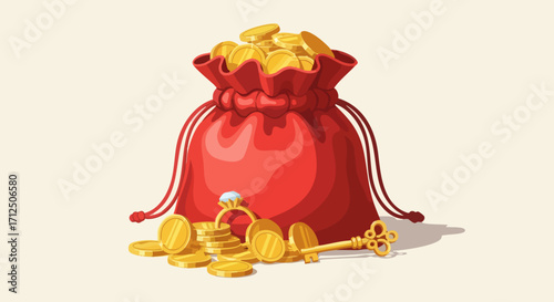 Red Money Bag with Gold Coins and Key.