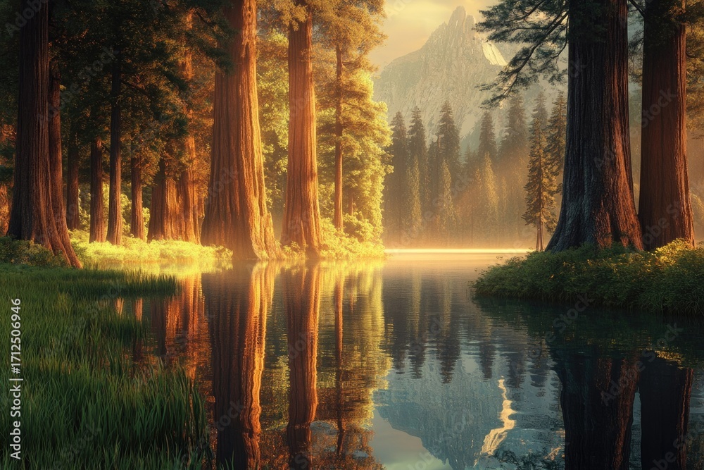 Fototapeta premium Sunlit redwoods reflected in a calm lake, creating a serene scene with distant mountains and lush greenery. 